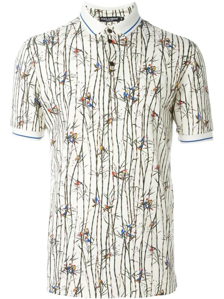 Dolce & Gabbana Bird Print Polo Shirt, Men's, Size: 52, White, Cotton
