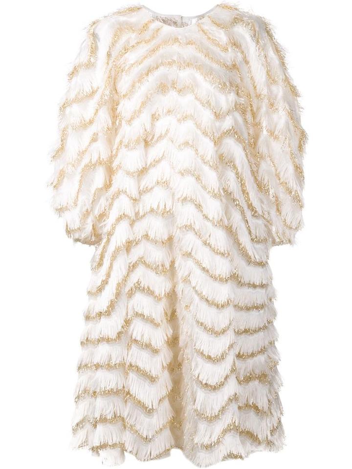 Dolce & Gabbana Shiny Wavy Striped Fringed Dress, Women's, Size: 38, White, Silk/viscose