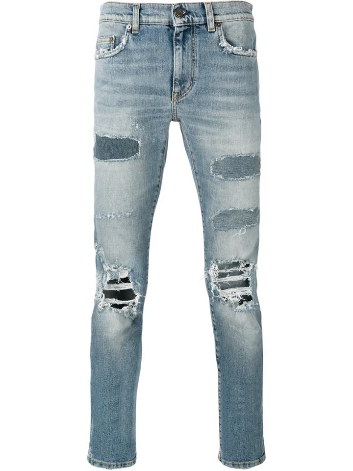 Saint Laurent Distressed Straight-leg Jeans - Blue