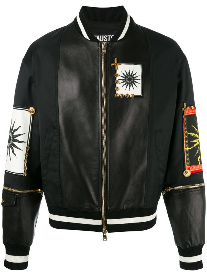 Fausto Puglisi Multiple Patches Bomber Jacket, Men's, Size: 48, Black, Polyamide/lamb Skin/acetate/silk