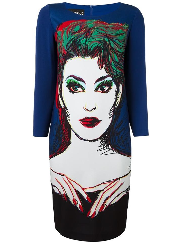 Boutique Moschino Illustrative Print Shift Dress, Women's, Size: 42, Blue, Polyester/other Fibers