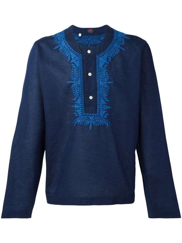 Mp Massimo Piombo Embroidered Trim Buttoned Tunic, Men's, Size: Medium, Blue, Cotton/linen/flax