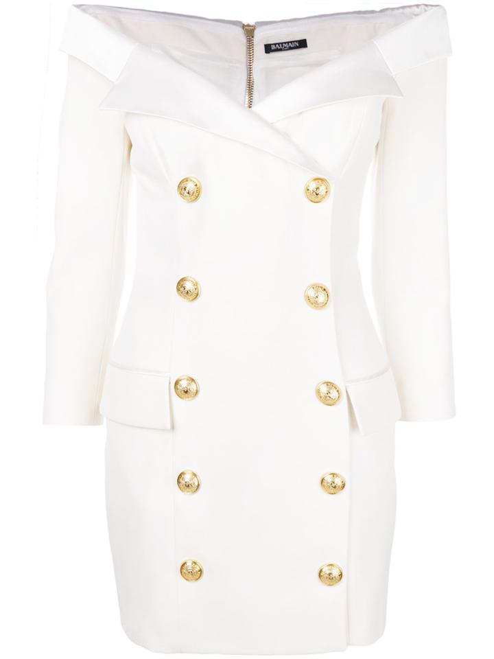 Balmain Off-the-shoulder Button Dress - White