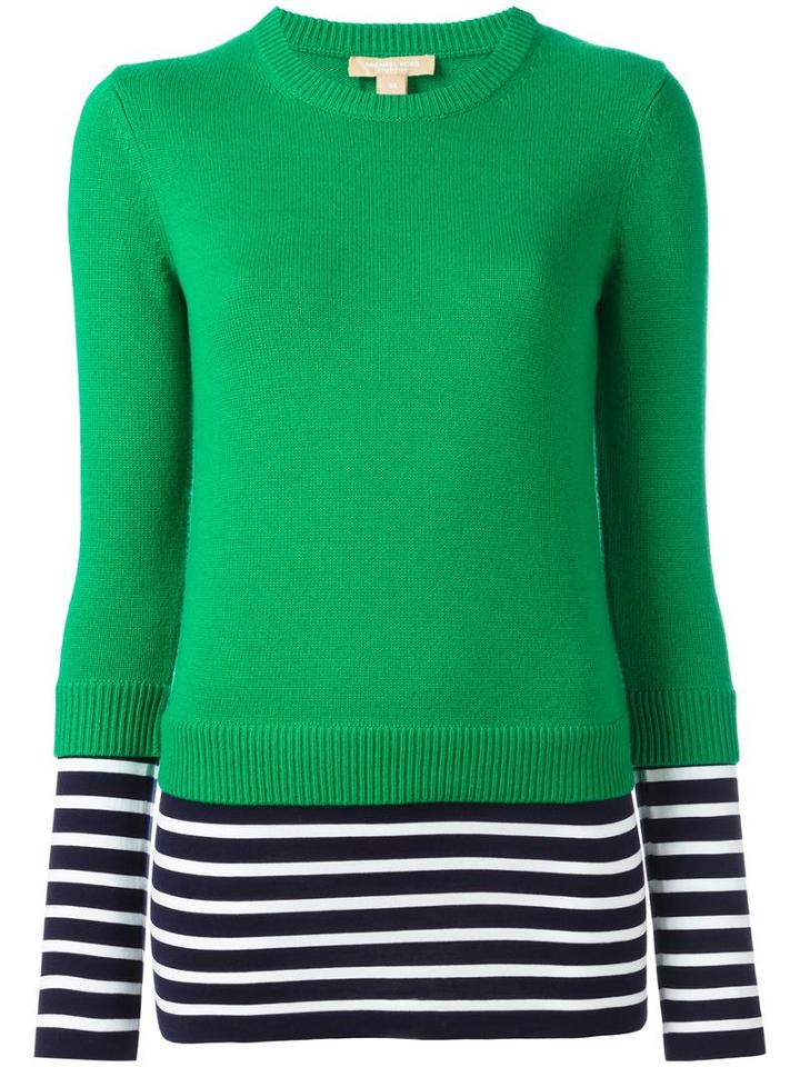Michael Kors Striped Hem Jumper, Women's, Size: Xs, Green, Cotton/cashmere