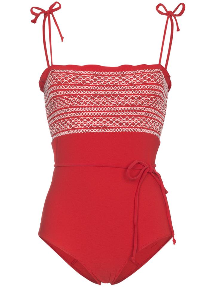 Lisa Marie Fernandez Selena Smocked Tomato Crepe Mallot Swimsuit - Red