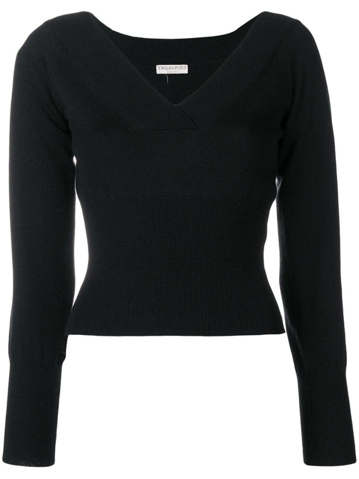 Emilio Pucci Wide V-neck Knit Top - Black
