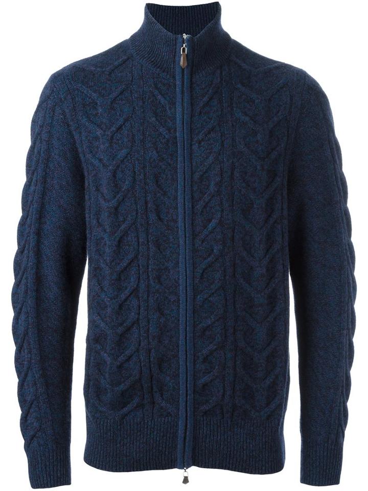 N.peal Zip Through Cable Cardigan, Men's, Size: Medium, Blue, Cashmere