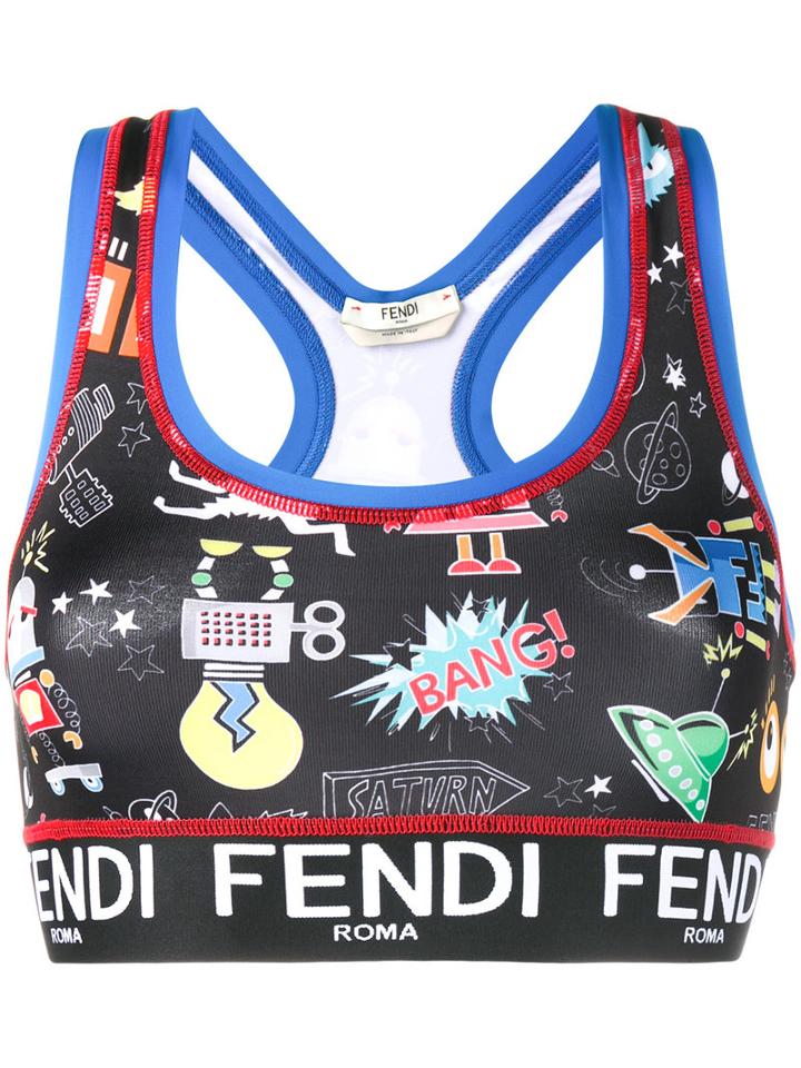 Fendi Printed Sports Crop Top, Women's, Size: 42, Black, Polyester/spandex/elastane