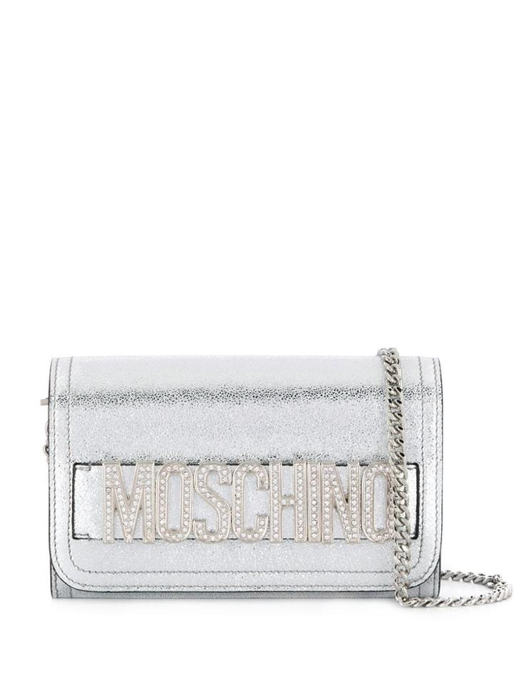 Moschino Embellished Logo Clutch Bag - Silver