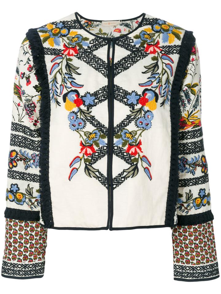 Tory Burch Fringe Trim Embroidered Jacket - White
