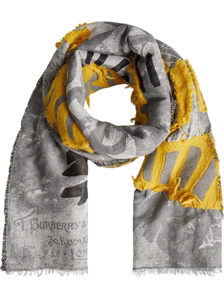 Burberry Graffiti Print Fil Coupé Cotton Wool Modal Scarf - Grey