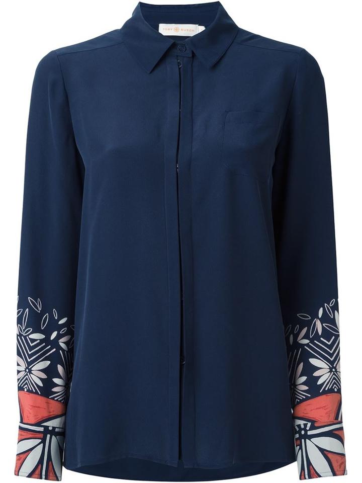 Tory Burch Printed Sleeve Shirt, Women's, Size: 8, Blue, Silk