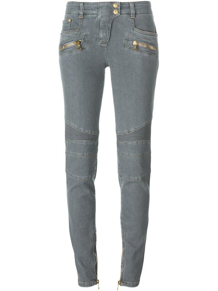 Balmain Skinny Biker Jeans, Women's, Size: 36, Grey, Cotton/spandex/elastane
