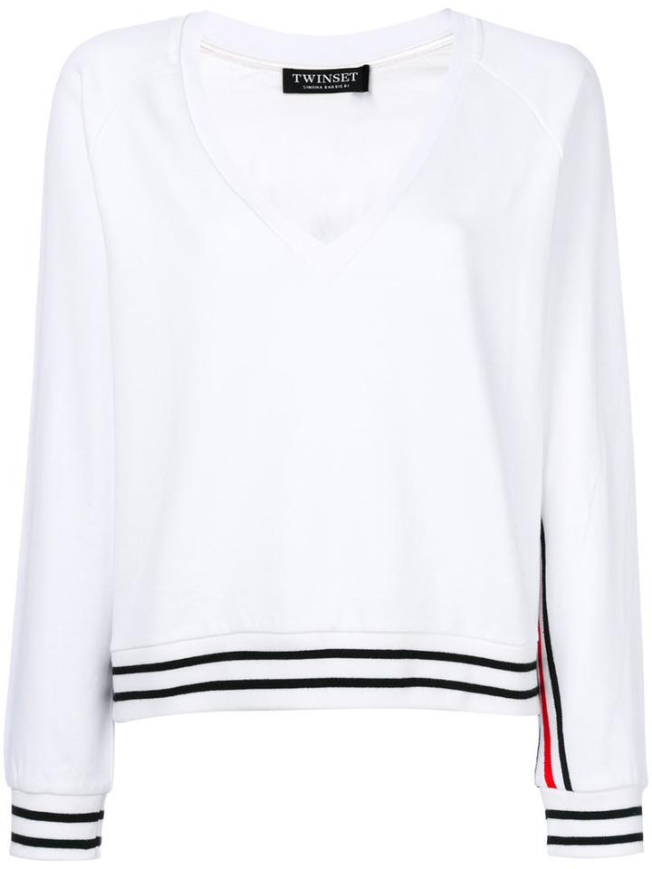 Twin-set - Deep V-neck Stripe Detail Sweater - Women - Cotton/polyester/viscose - Xl, White, Cotton/polyester/viscose