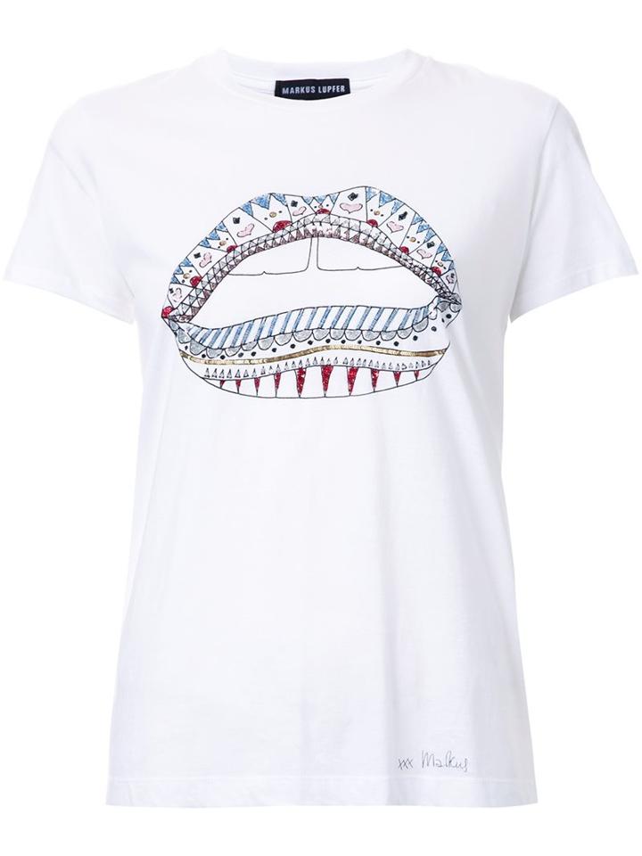 Markus Lupfer Lips Print T-shirt, Women's, Size: Small, White, Cotton