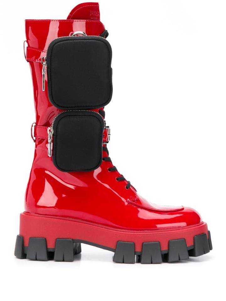 Prada Ridged Sole Pocket Boots - Red