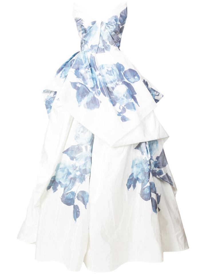 Monique Lhuillier Layered Floral Print Evening Dress - White