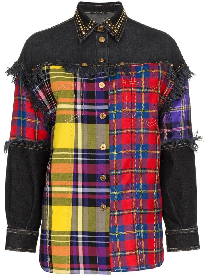 Versace Plaid And Denim Wool Button Down Shirt - Black