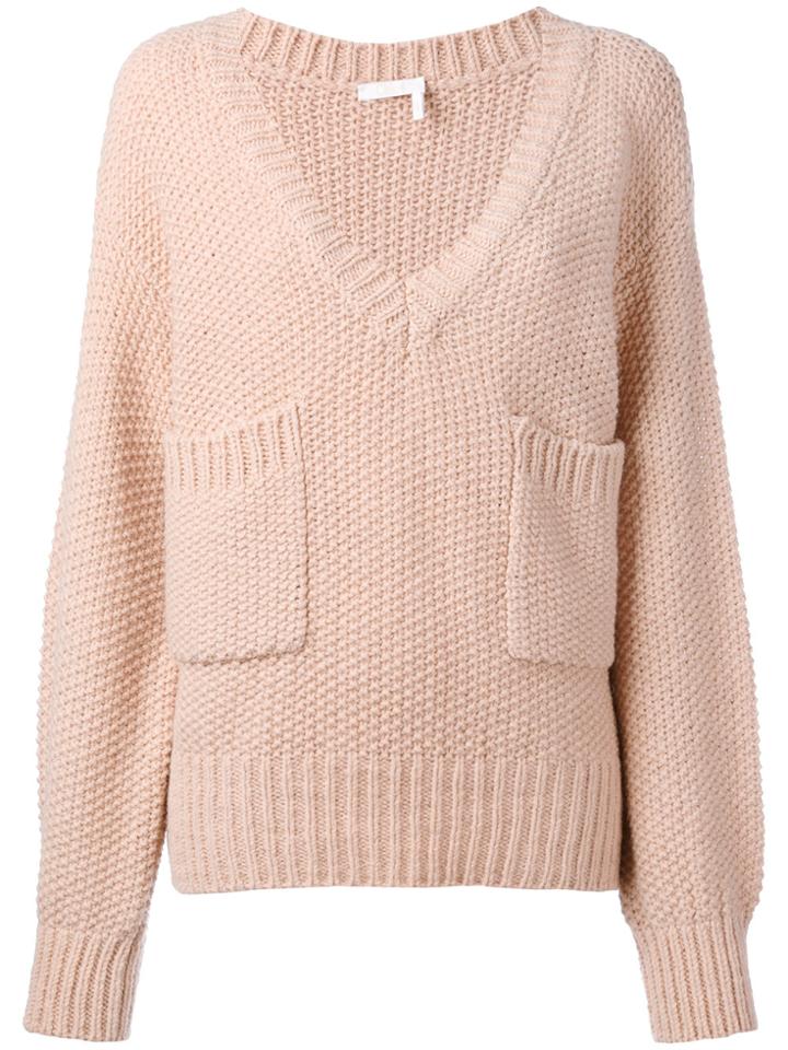 Chloé Knitted V-neck Pocket Sweater - Pink & Purple