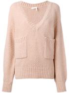 Chloé Knitted V-neck Pocket Sweater - Pink & Purple