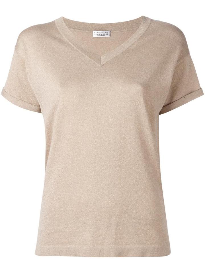 Brunello Cucinelli V-neck Knitted T-shirt, Women's, Size: Large, Nude/neutrals, Silk/cashmere/metallized Polyester/polyamide