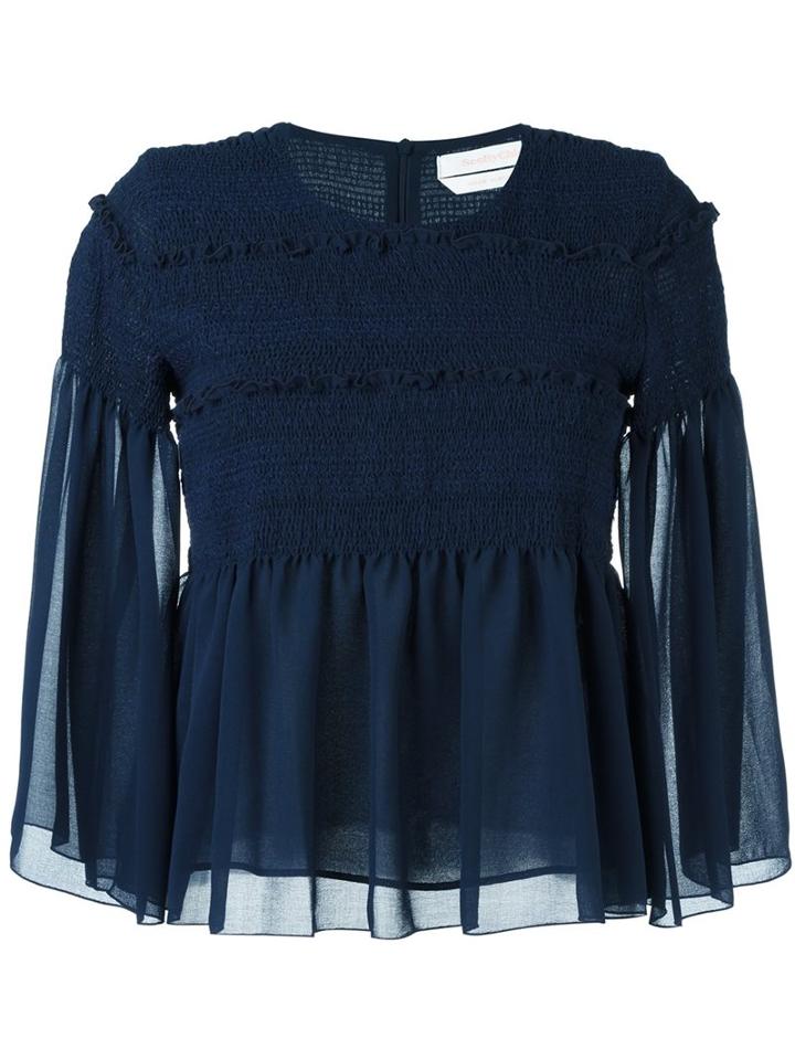 See By Chloé Smocked Sheer Blouse, Women's, Size: 44, Blue, Polyester