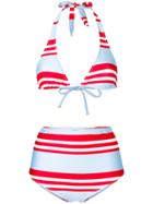 Nos Beachwear Striped High Waisted Bikini Set - Blue