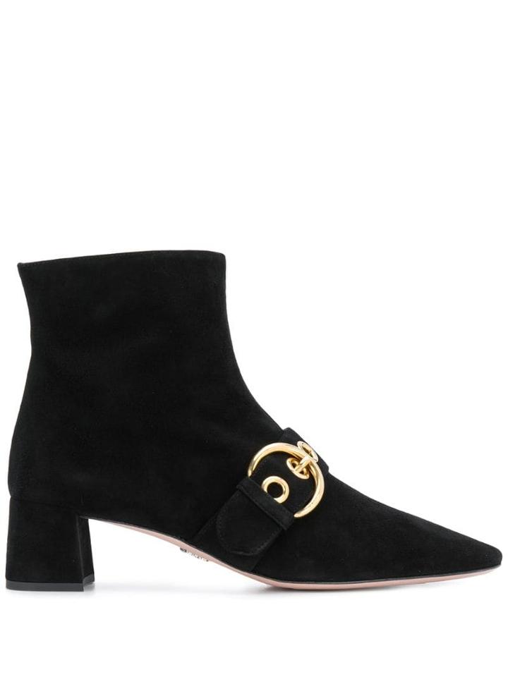 Prada Buckle Strap Pointed Boots - Black