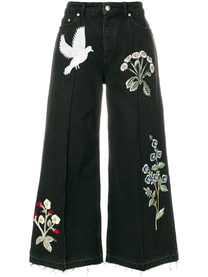 Alexander Mcqueen Embroidered Patch Wide Leg Jeans - Black