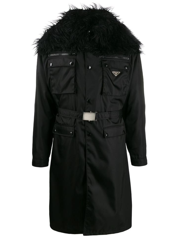 Prada Trimmed Collar Belted Trench - Black