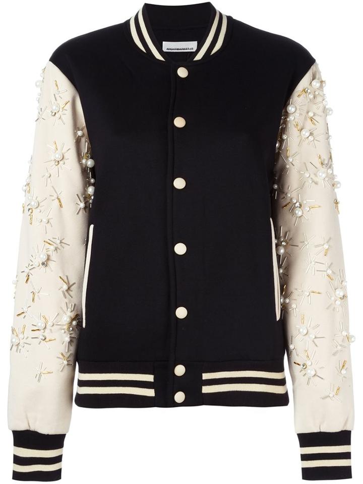 Night Market Appliqué Varsity Bomber Jacket, Women's, Size: Small, Black, Cotton/polyester/glass