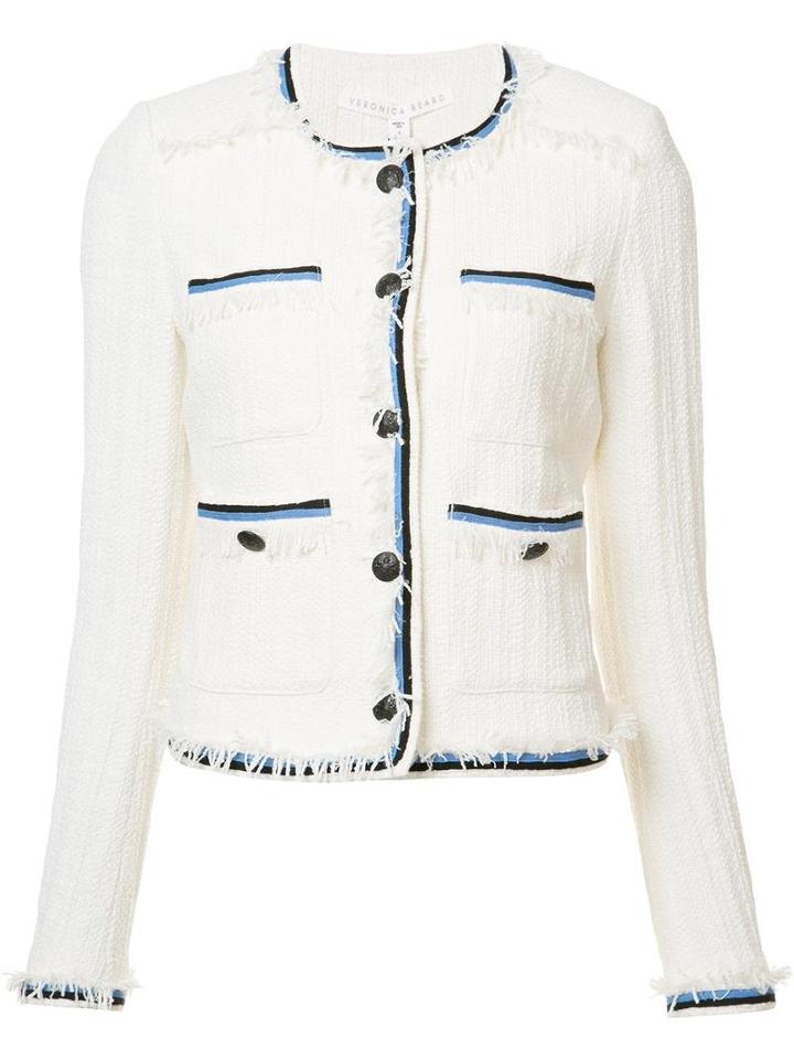 Veronica Beard Contrasting Detail Jacket, Women's, Size: 12, White, Cotton/nylon/spandex/elastane
