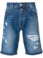 Philipp Plein Distressed Splattered Denim Shorts - Blue