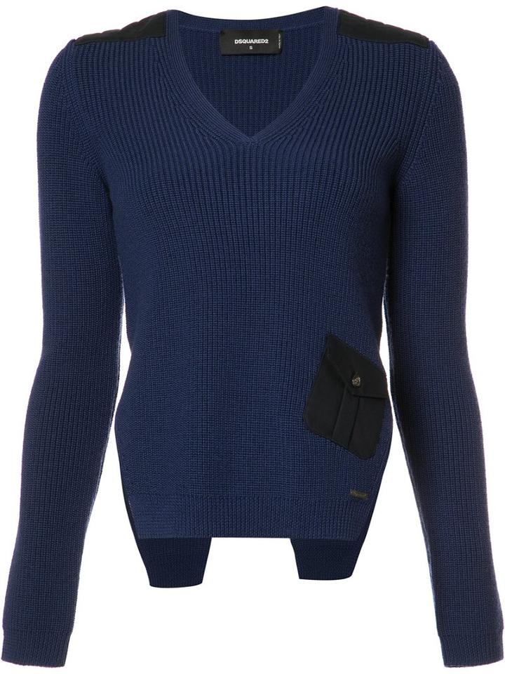 Dsquared2 V-neck Side Slit Jumper, Women's, Size: Small, Blue, Wool