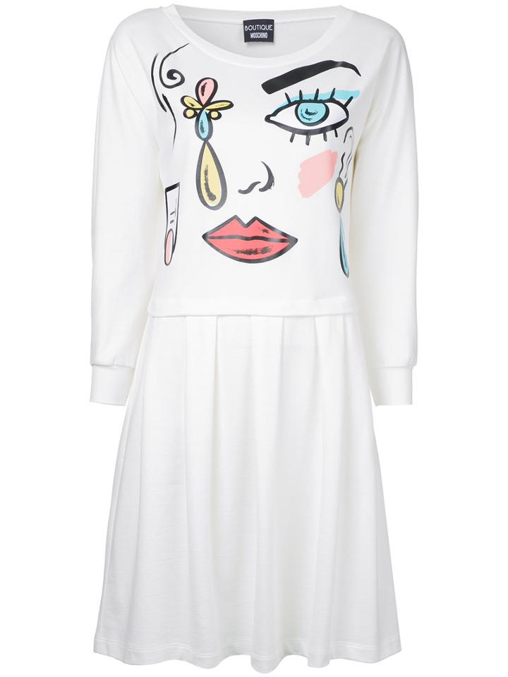 Boutique Moschino Cartoon Face Print Dress, Women's, Size: 40, White, Cotton