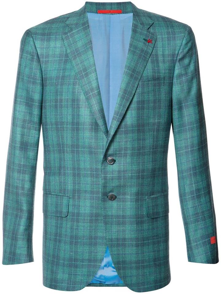 Isaia Plaid Blazer, Men's, Size: 52, Green, Silk/linen/flax/cashmere/wool