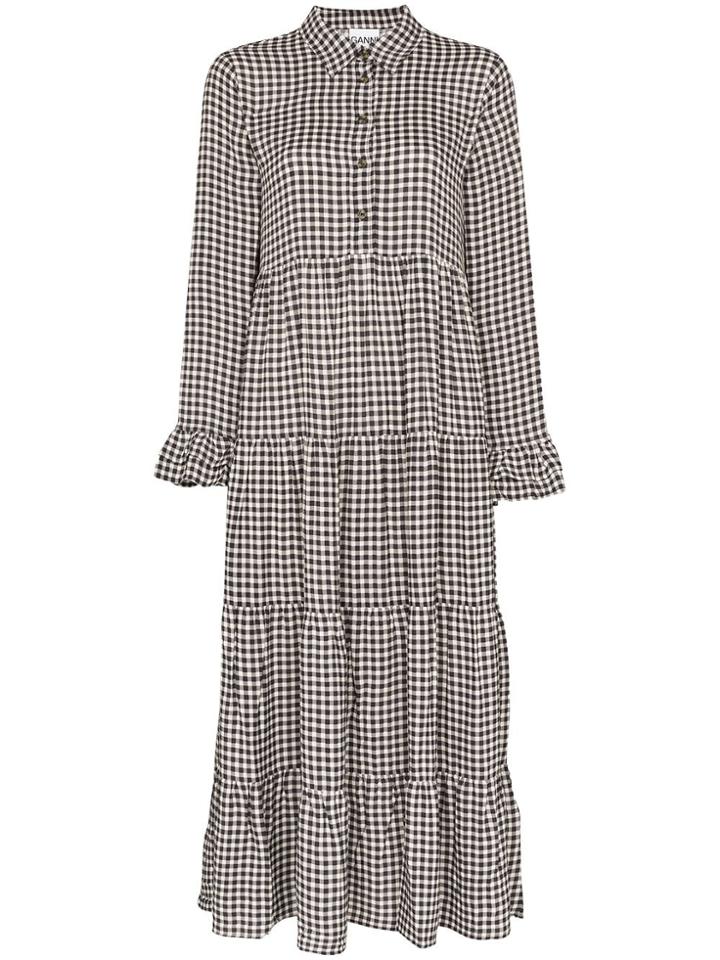 Ganni Gingham Long Sleeve Shirt Dress - Black
