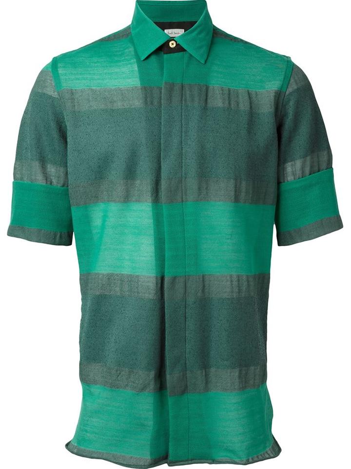 Paul Smith Striped Short Sleeve Shirt, Men's, Size: 41, Green, Cotton/polyamide