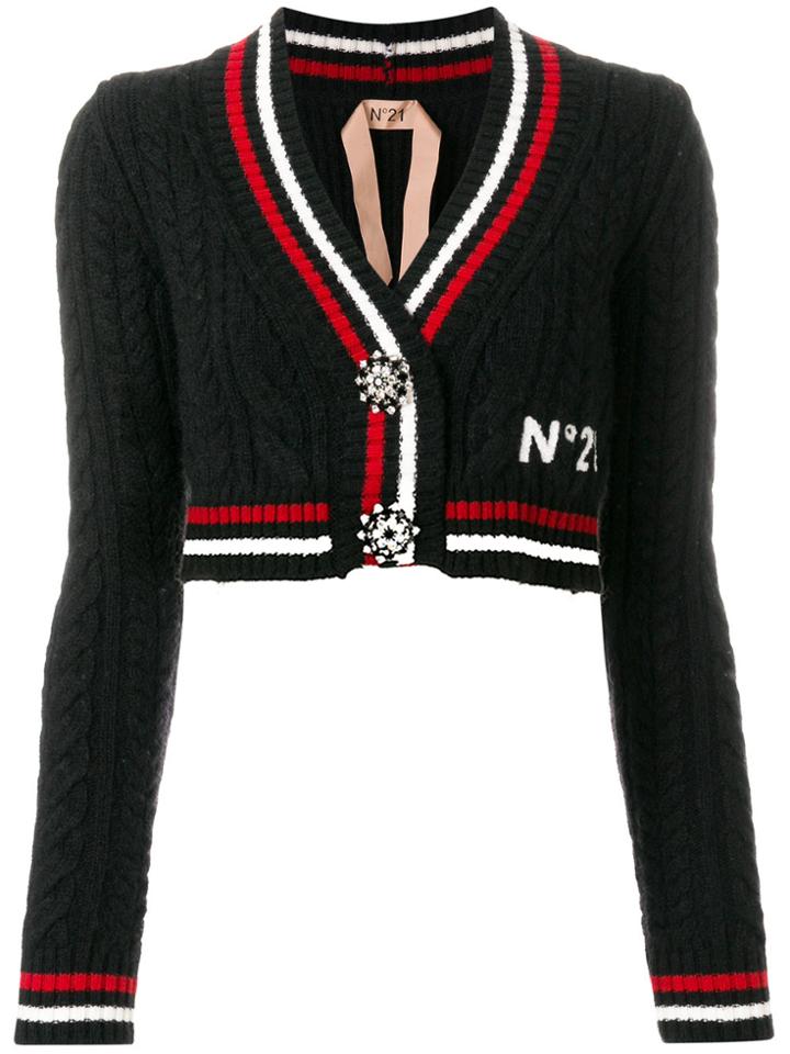 No21 Cable Knit Striped Cropped Cardigan - Black