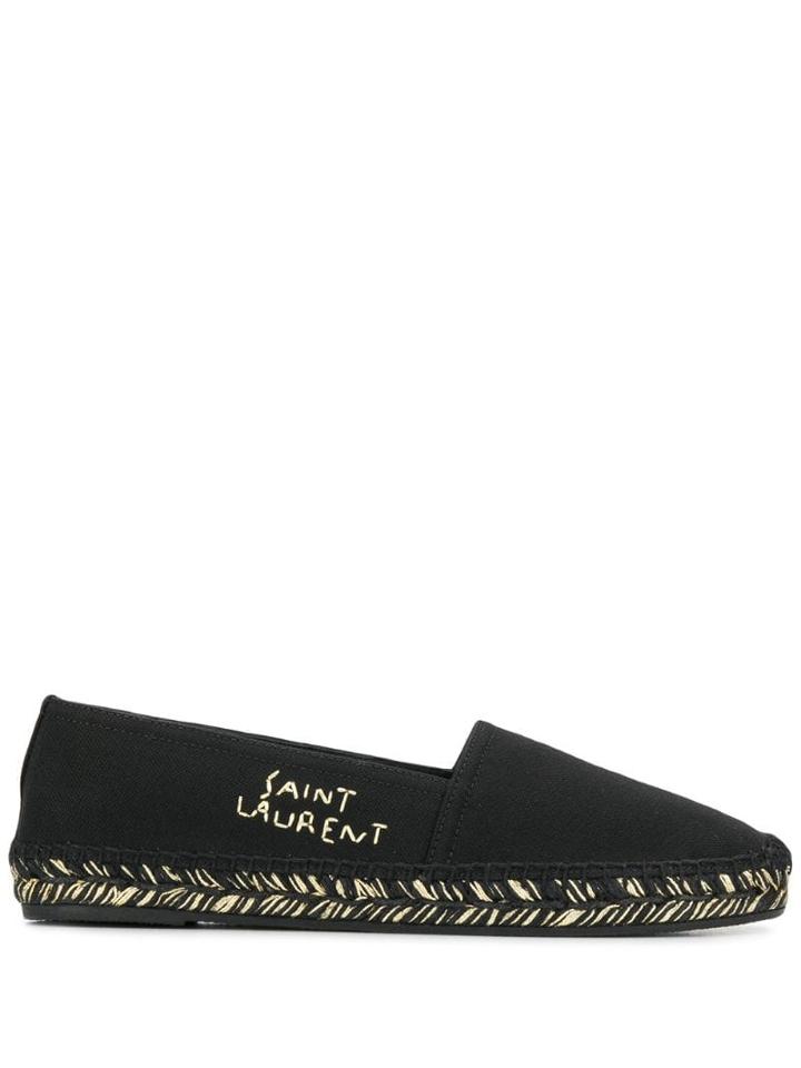 Saint Laurent Gold-tone Stitched Logo Espadrilles - Black