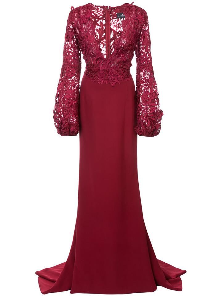 J. Mendel - Guipure Lace V-neck Trumpet Gown - Women - Polyester/silk Crepe - 4, Red, Polyester/silk Crepe