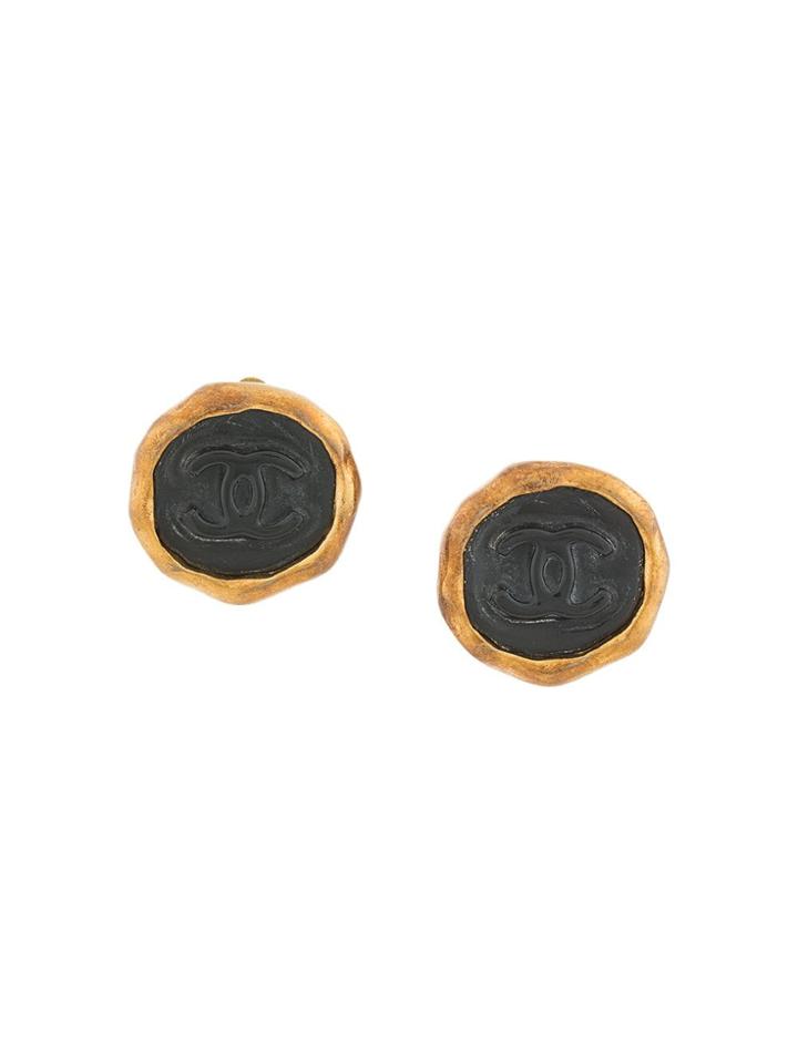 Chanel Vintage Cc Logos Button Earrings - Black