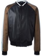 Lanvin Contrasting Panel Bomber Jacket, Men's, Size: 52, Black, Calf Leather/viscose/cotton/polyester