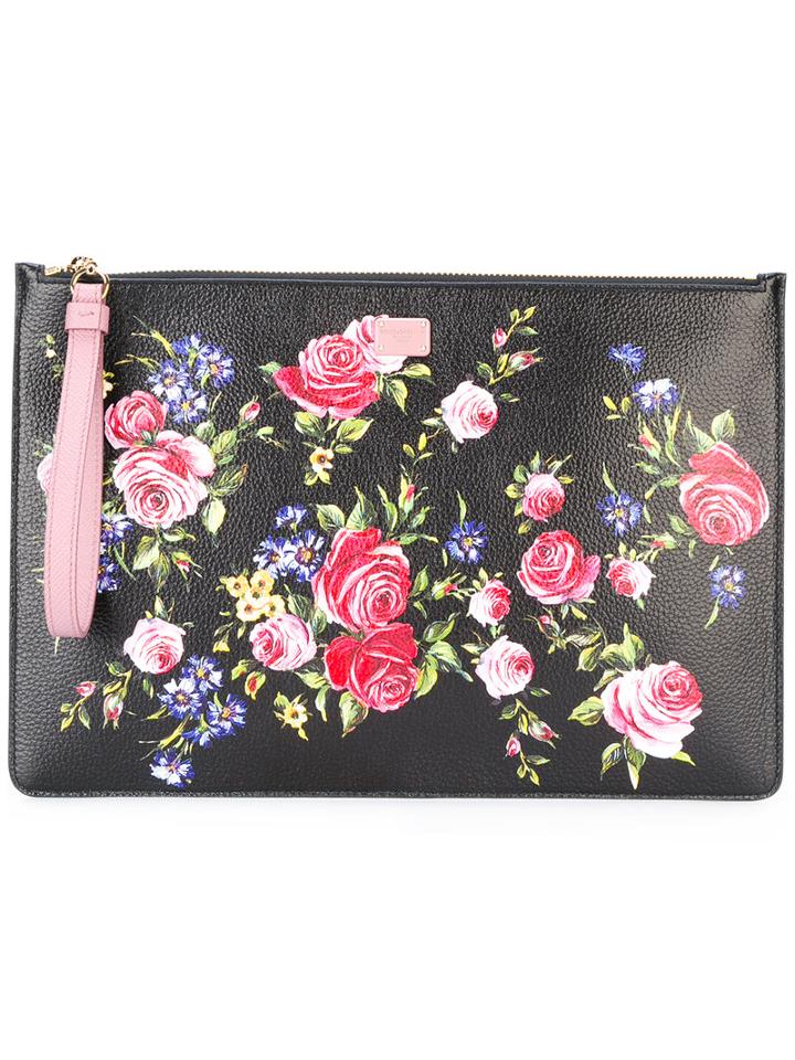 Dolce & Gabbana Rose Print Clutch, Women's, Black, Calf Leather