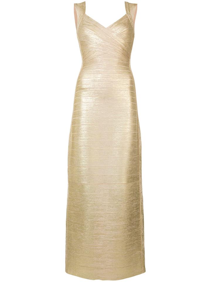 Hervé Léger - V-neck Gown - Women - Nylon/spandex/elastane/rayon - M, Yellow/orange, Nylon/spandex/elastane/rayon