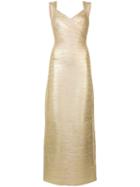 Hervé Léger - V-neck Gown - Women - Nylon/spandex/elastane/rayon - M, Yellow/orange, Nylon/spandex/elastane/rayon