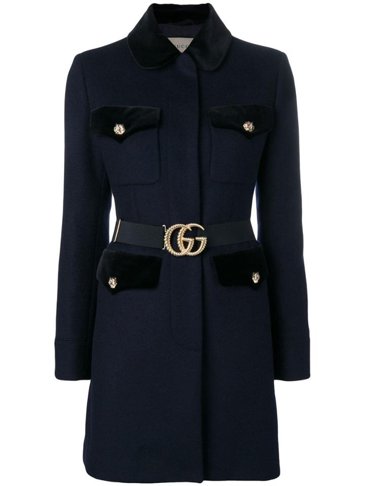 Gucci Velvet-trimmed Single Breasted Coat - Blue