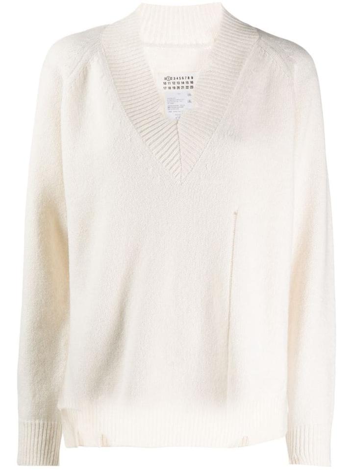 Maison Margiela Destroyed Effect Knitted V-neck Sweater - White