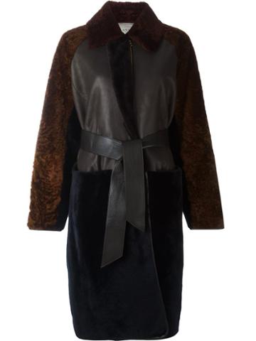 Lanvin Panelled Belt Long Coat, Women's, Size: 40, Brown, Lamb Skin/lamb Fur/viscose/cotton