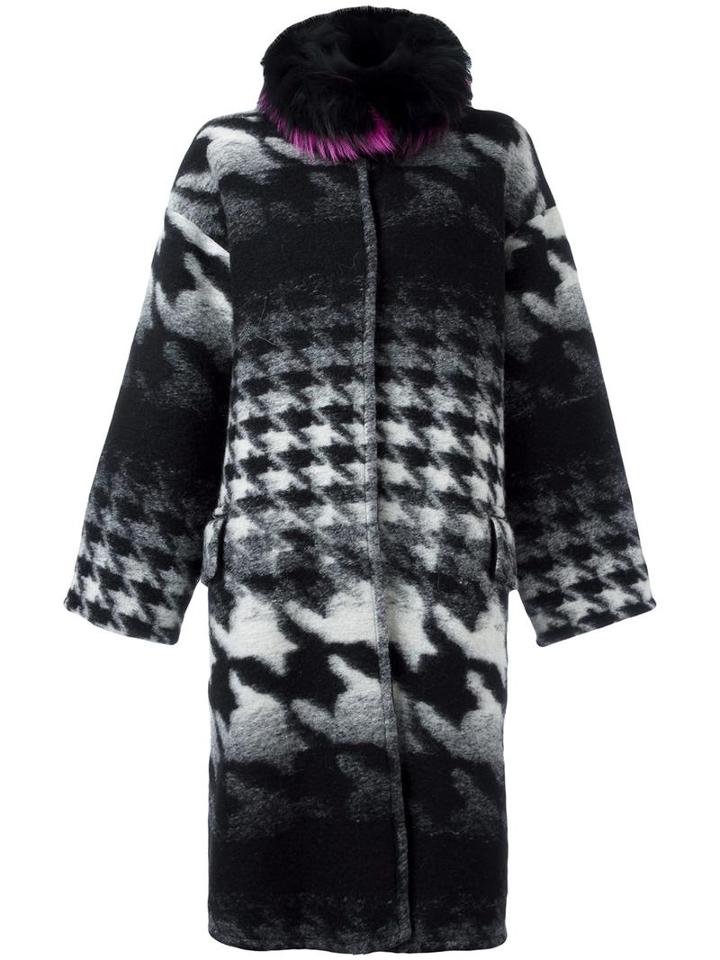 Ava Adore Collar Detail Houndstooth Coat, Women's, Size: 38, Black, Mink Fur/acrylic/polyester/virgin Wool